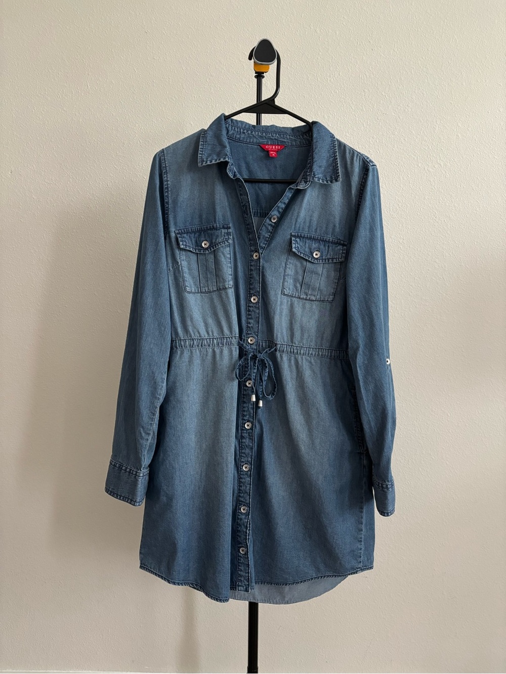 Guess Los Angeles Chambray Denim Shirt Dress Women’s M Button Front Tie Waist